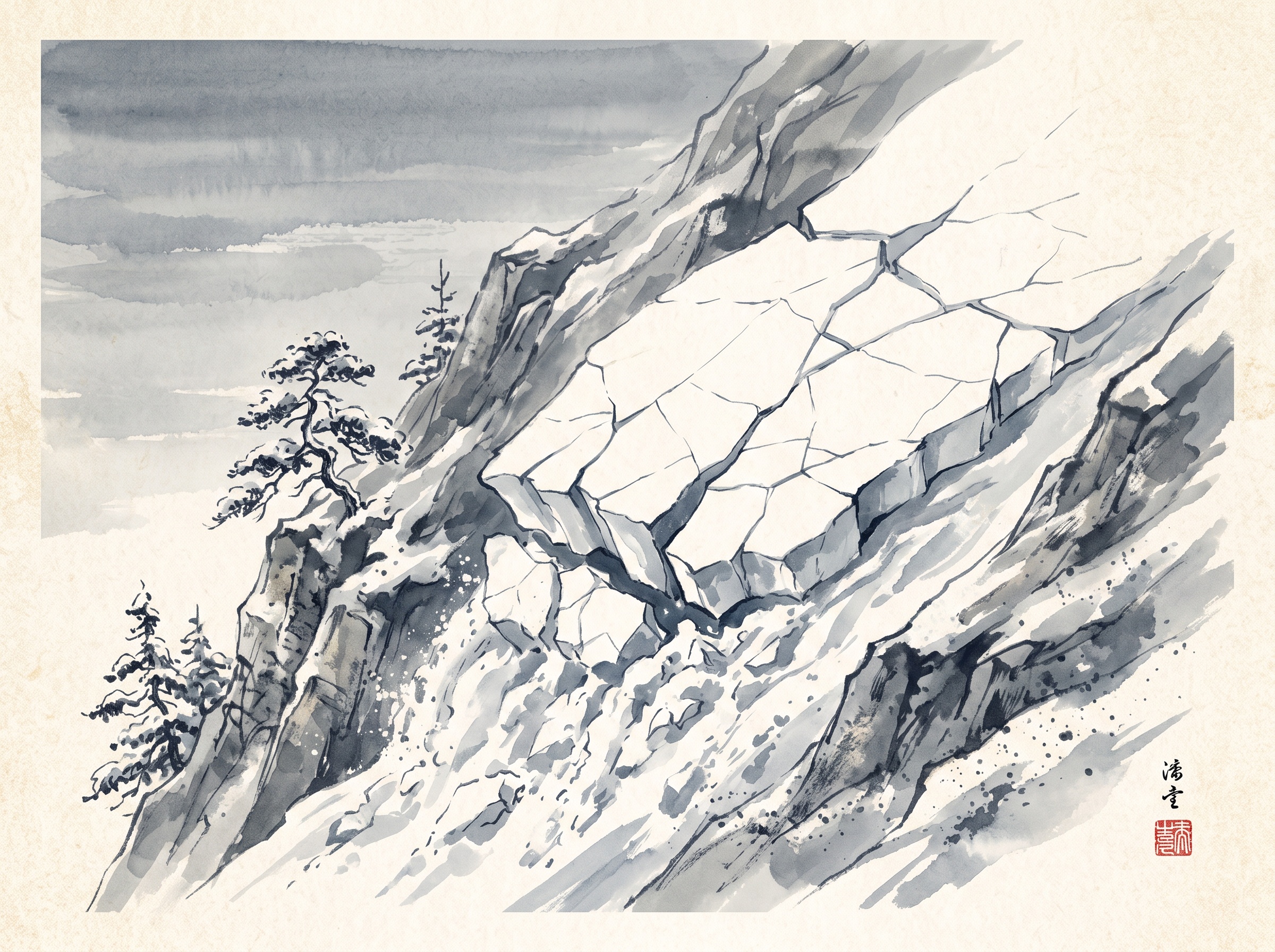 An ink-wash painting of a hard slab of snow fracturing and sliding on a steep mountain slope