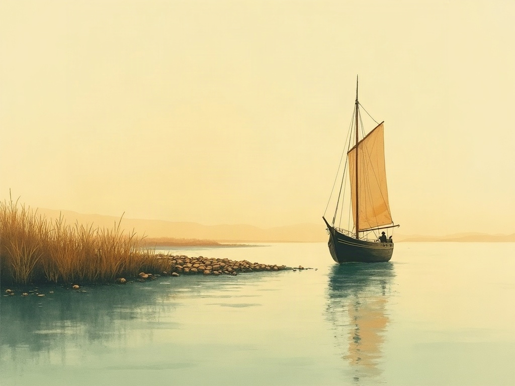 An ancient Mesopotamian merchant sailing ship crossing the gulf at dawn carrying copper