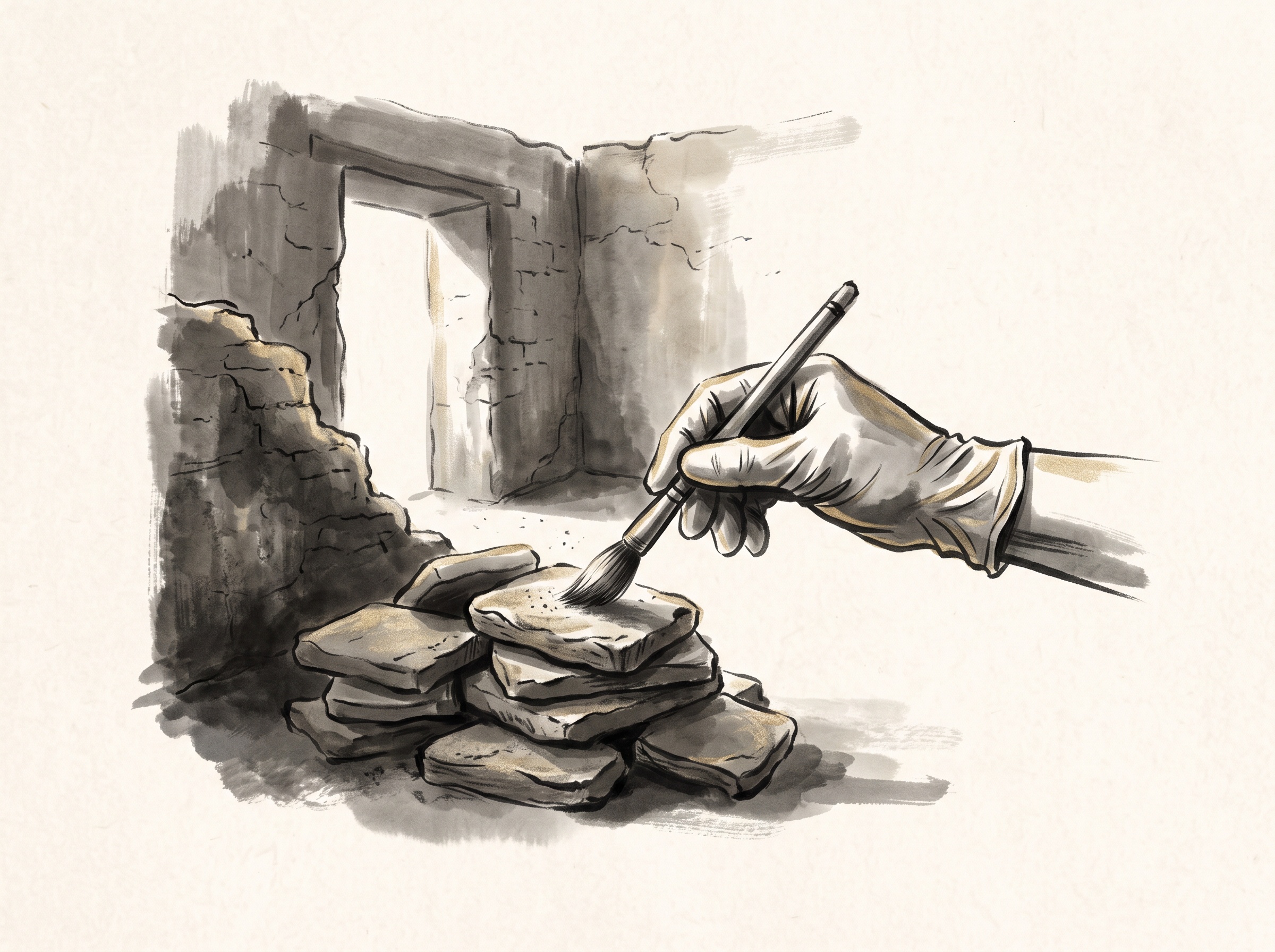 Gloved hands brushing dust from stacked clay tablets in an excavated mud-brick room