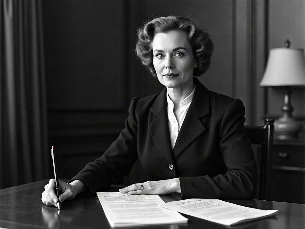 A stern 1930s woman at a desk with papers, evoking Georgia Tann