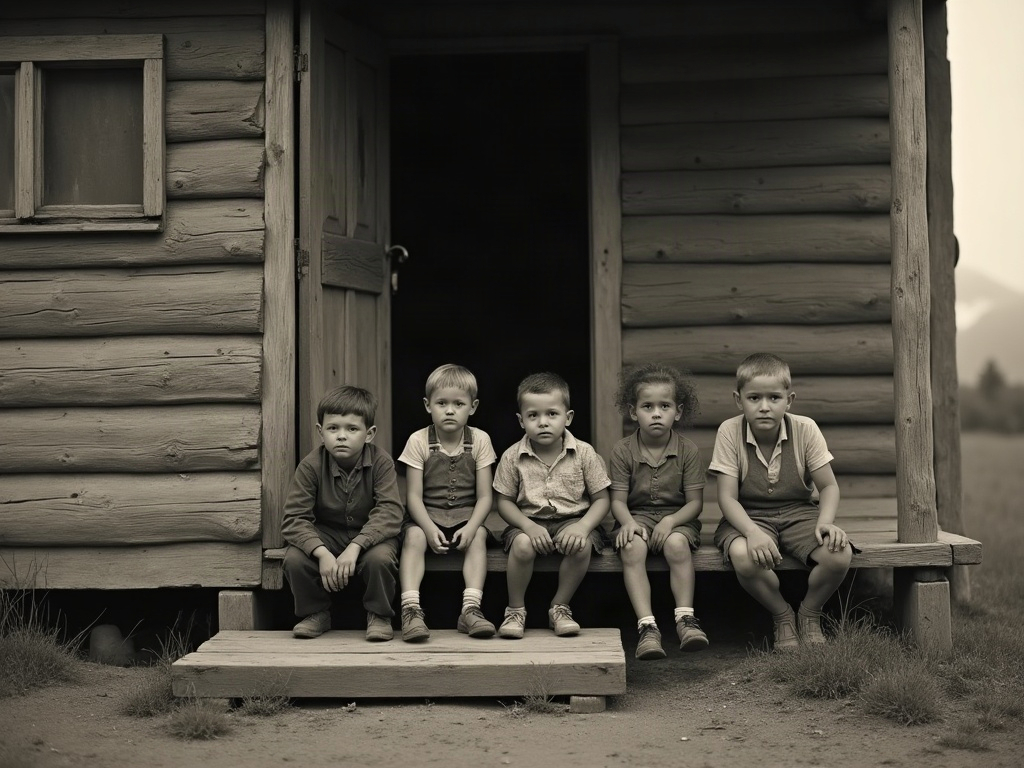 Poor children on the porch steps of a rural home in the 1930s