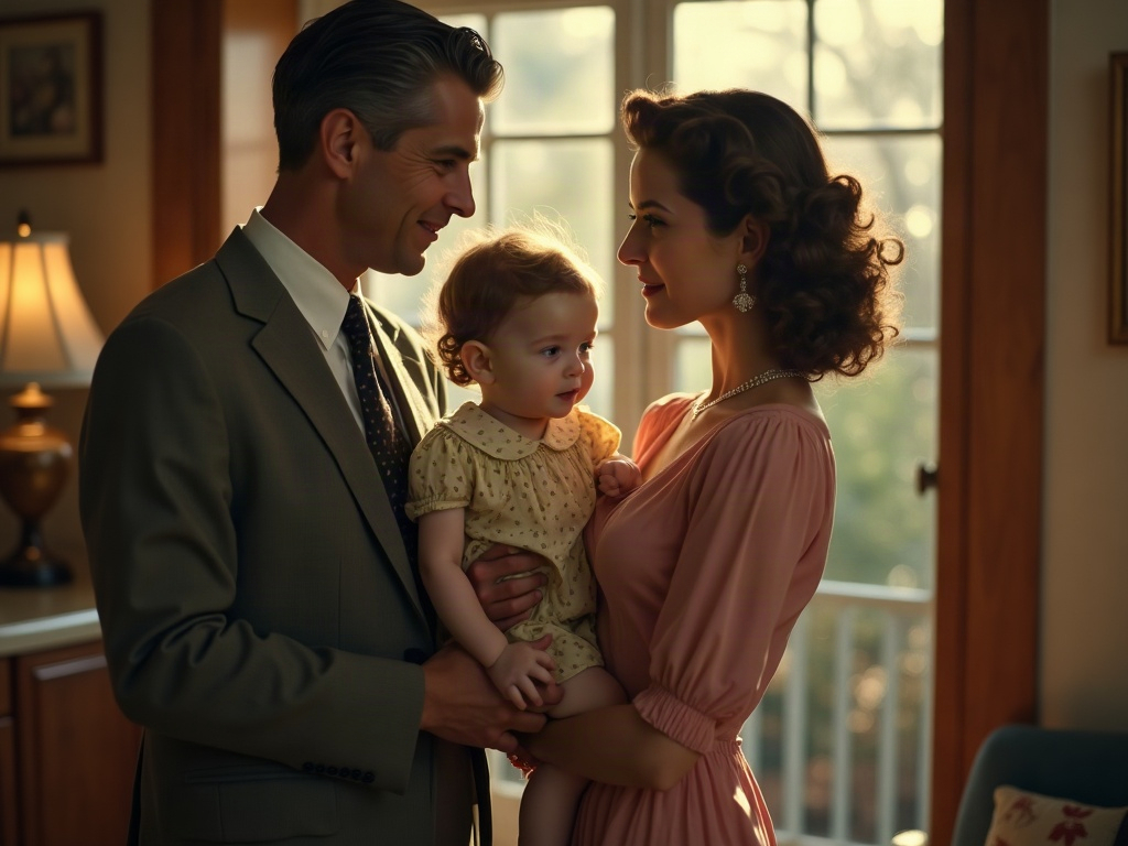 An affluent 1940s couple welcoming an adopted child into their home