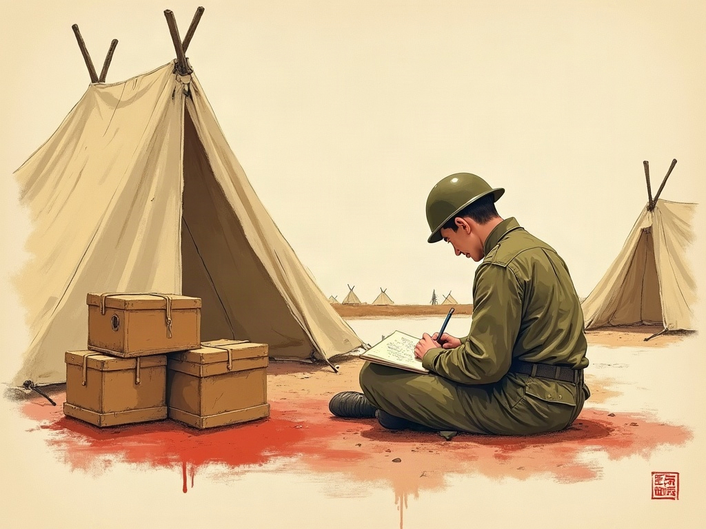A World War II soldier sketching in a notebook beside army tents, sumi-e style