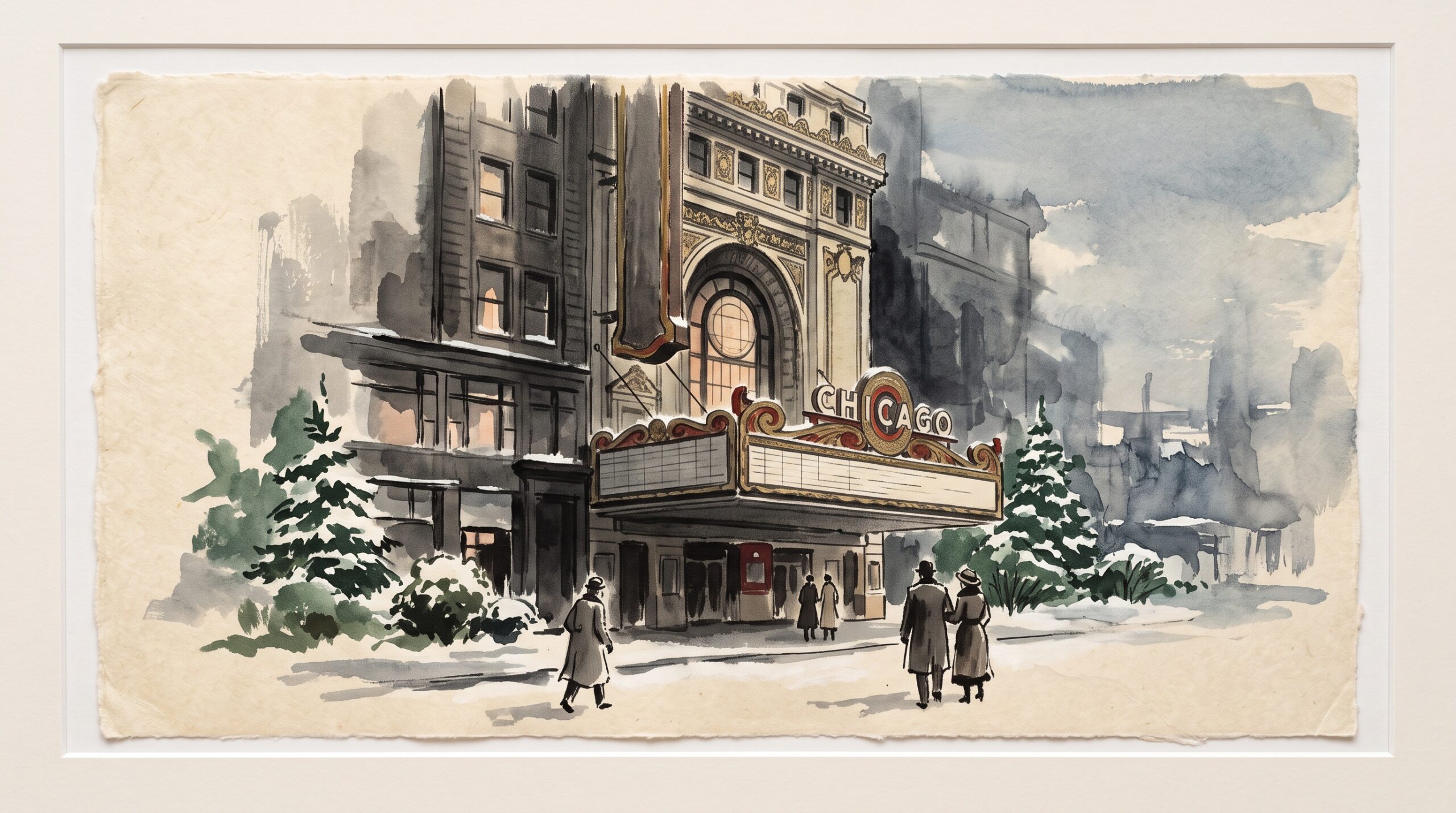 An ink-wash painting of the grand Iroquois Theatre facade on a winter evening in 1903