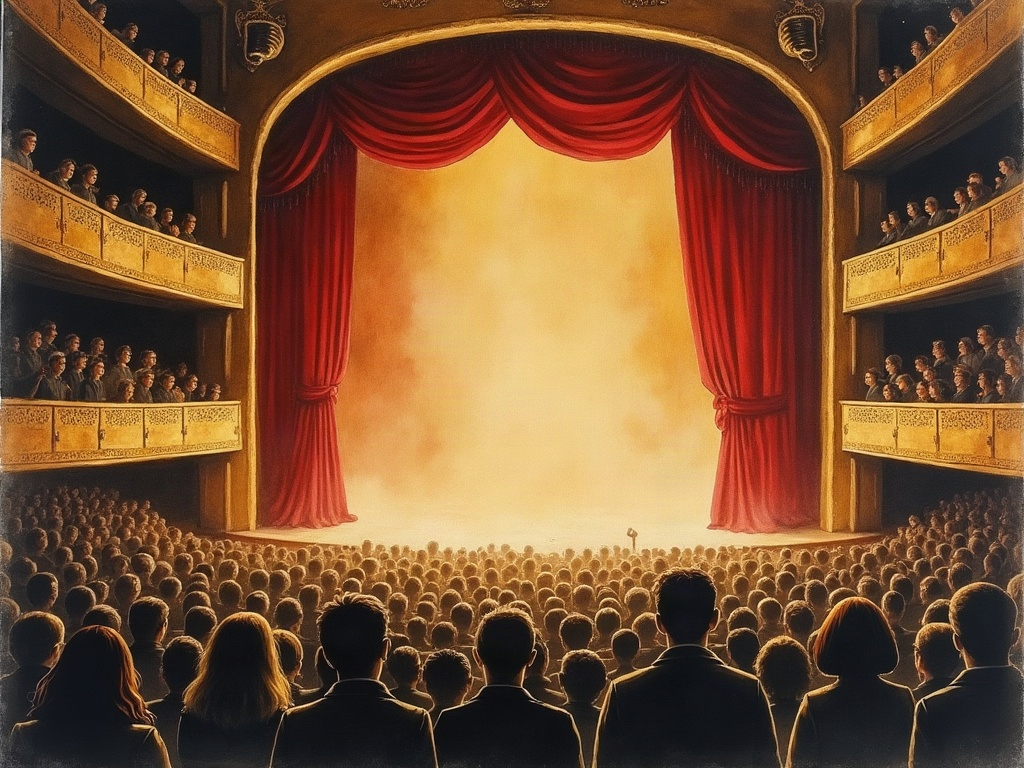 Ink-wash depiction of a packed holiday matinee audience in the tiered balconies of the theatre