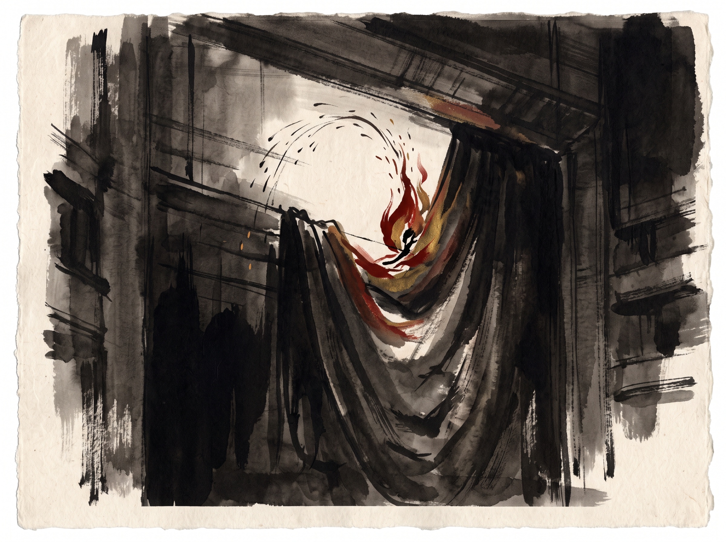 Ink-wash image of a spark igniting a stage drape as the safety curtain snags partway down