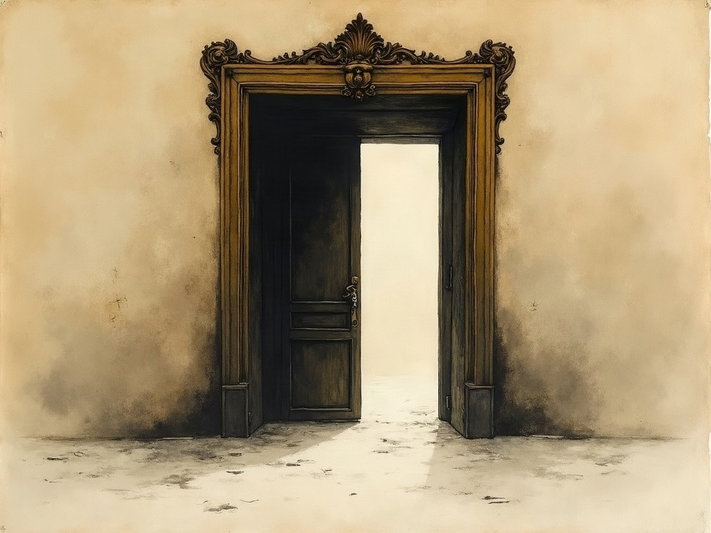 Ink-wash of a heavy, closed theatre exit door with an unfamiliar latch