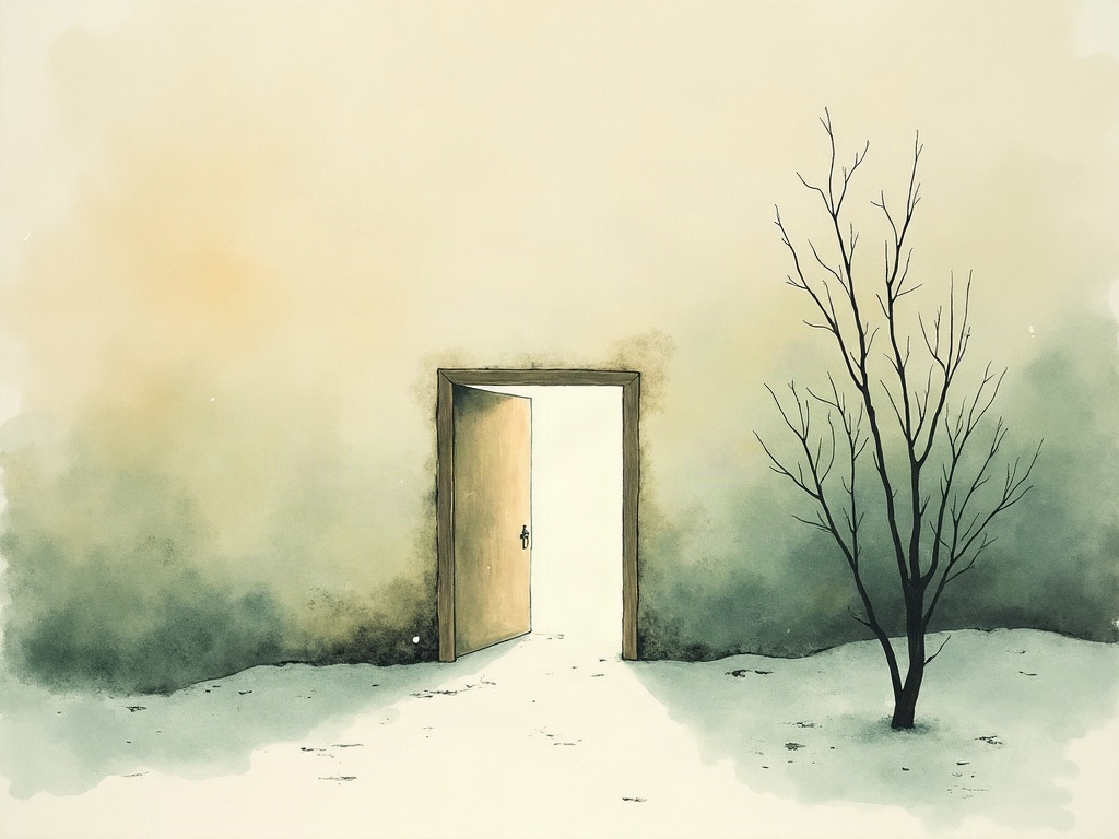 Ink-wash of a modern push-bar exit door standing open to snow, symbolizing reform