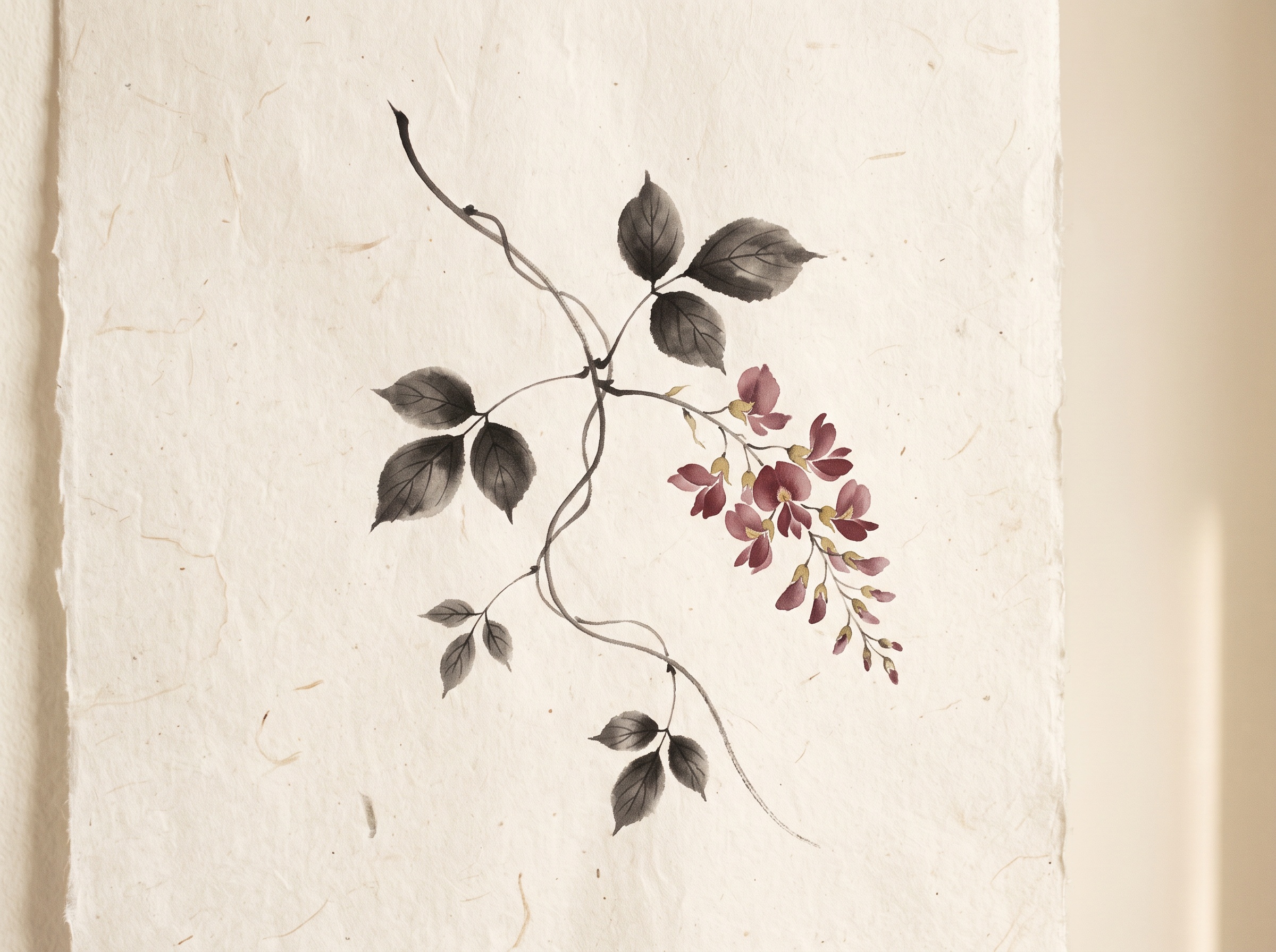 An ink botanical study of a kudzu sprig with trifoliate leaves and a cluster of purple blossoms