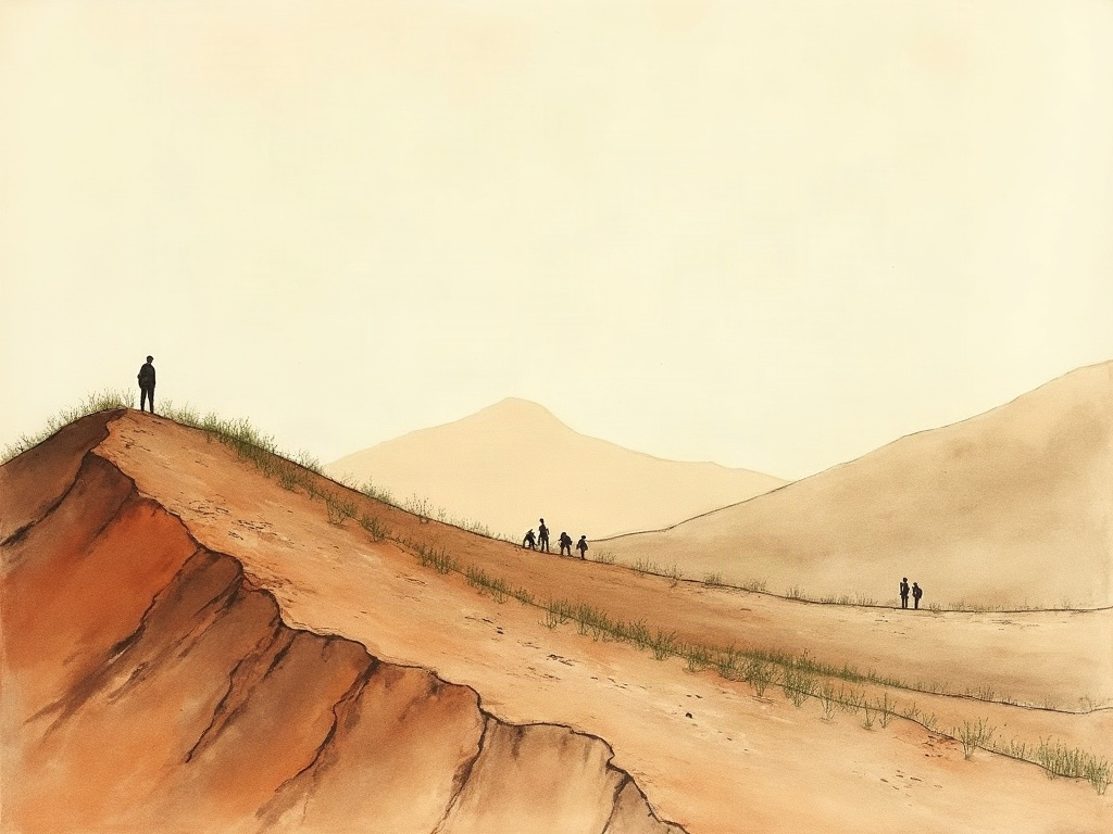 An ink-wash scene of eroded gullied hillsides being planted with rows of seedlings during the Dust Bowl era