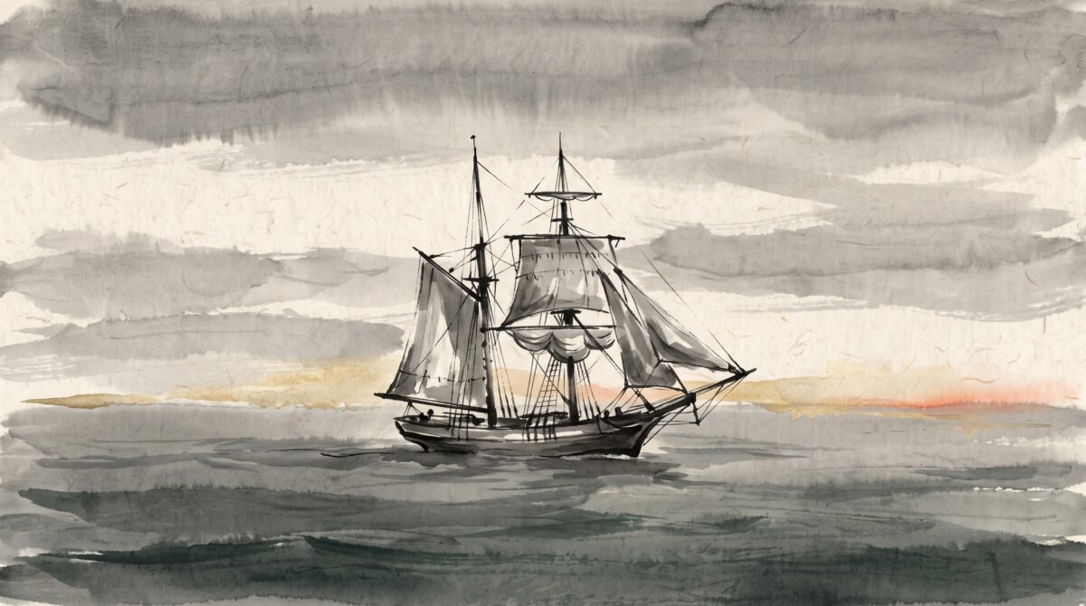 Ink-wash painting of a two-masted sailing ship drifting alone and crewless on a calm grey ocean