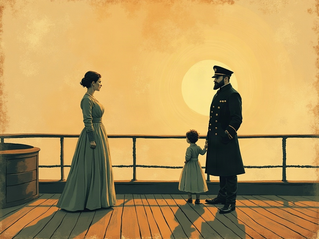 Ink painting of a Victorian sea captain, his wife, and their small child standing on a ship's deck