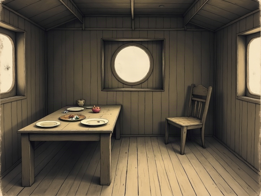 Ink-wash image of an abandoned ship's cabin with a table set for a meal left unfinished