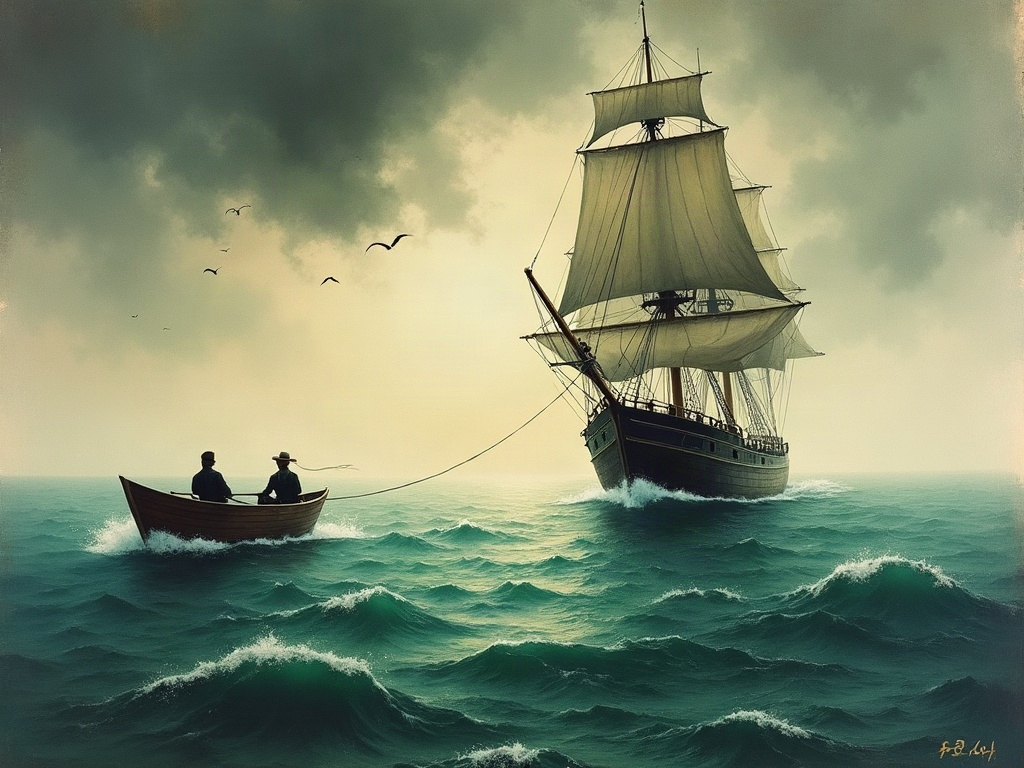 Ink painting of a small lifeboat pulling away from a sailing ship, a thin rope trailing between them