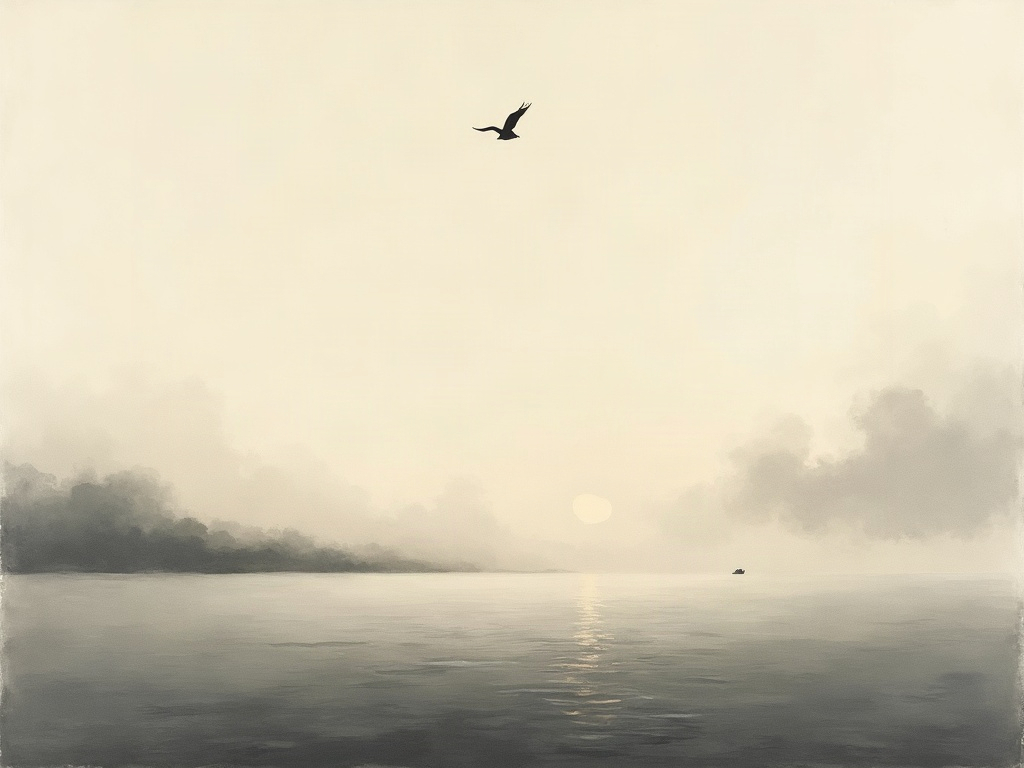 Ink-wash painting of an empty open sea stretching to a pale horizon with a single distant seabird