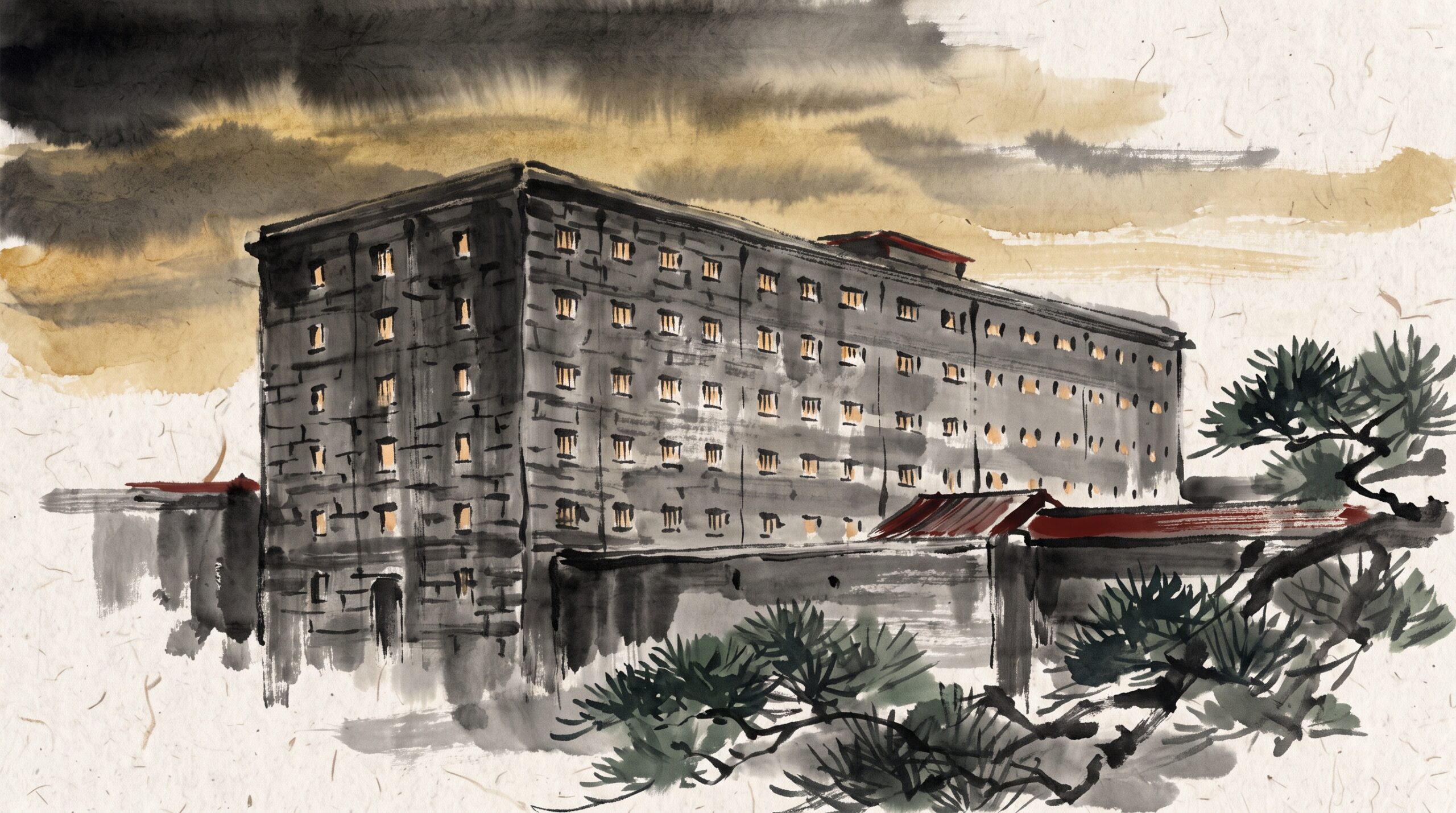 Ink-wash painting of a towering stone prison block glowing faintly at dusk