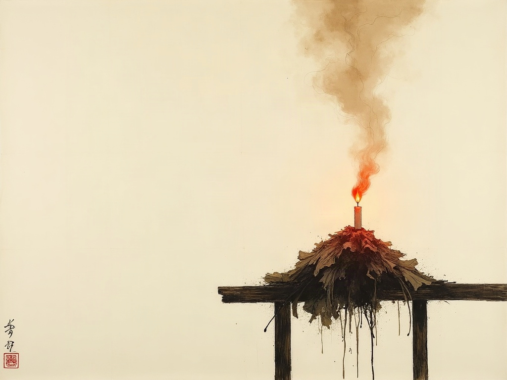 Ink painting of a candle flame igniting oily rags on wooden scaffolding