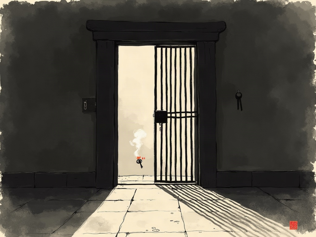 Ink-wash image of a barred cell door with keys hanging out of reach amid drifting smoke