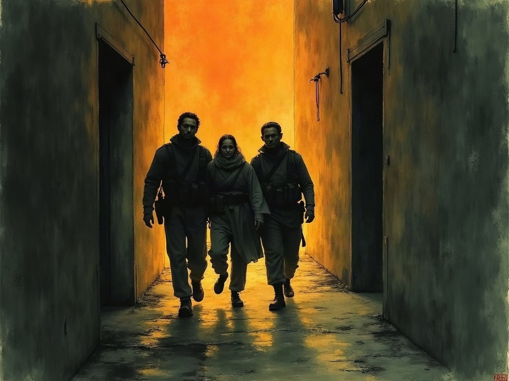 Ink painting of shadowy figures carrying an injured man out of a smoke-filled corridor
