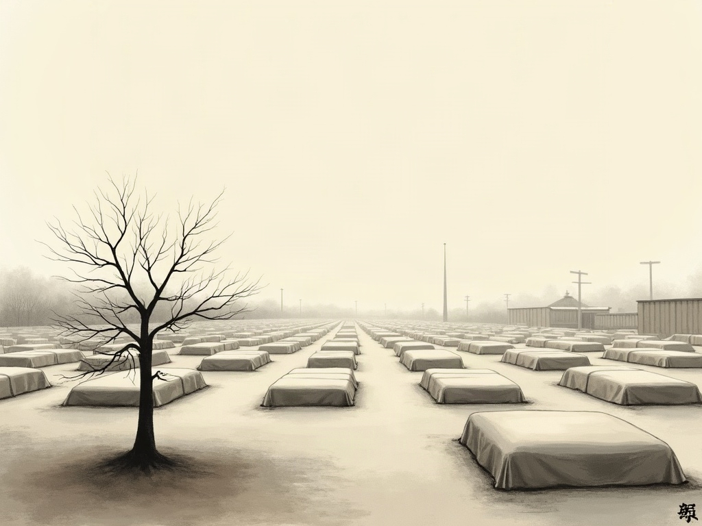 Ink-wash painting of an empty prison yard at dawn with covered forms on the ground
