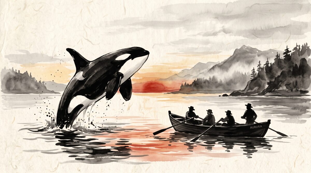 A killer whale rising beside a small wooden whaleboat of oarsmen at dawn, rendered in minimalist ink-wash style