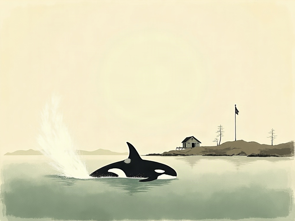 A killer whale slapping its tail against the water sending up spray, watched from a distant cottage on shore