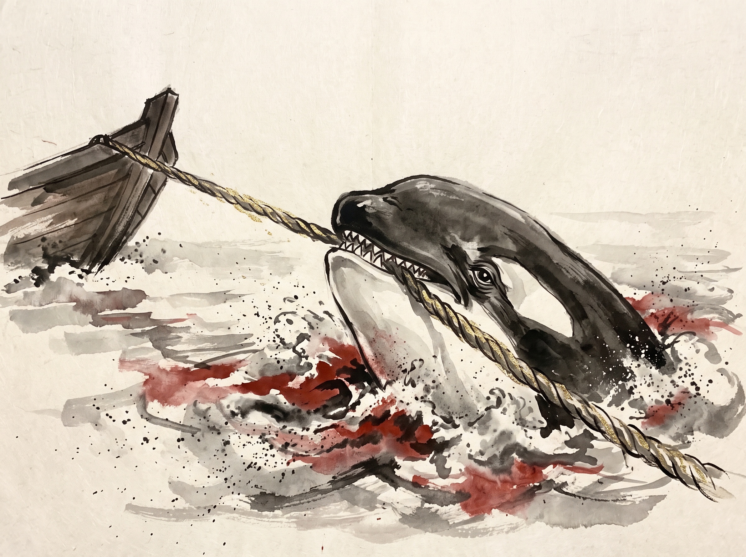 A killer whale gripping a taut harpoon rope in its teeth beside a wooden boat's bow