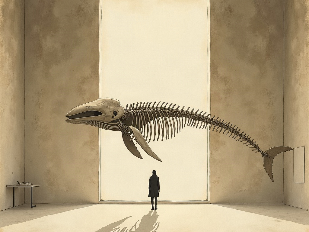 A mounted killer whale skeleton in a quiet museum hall with a single small figure before it
