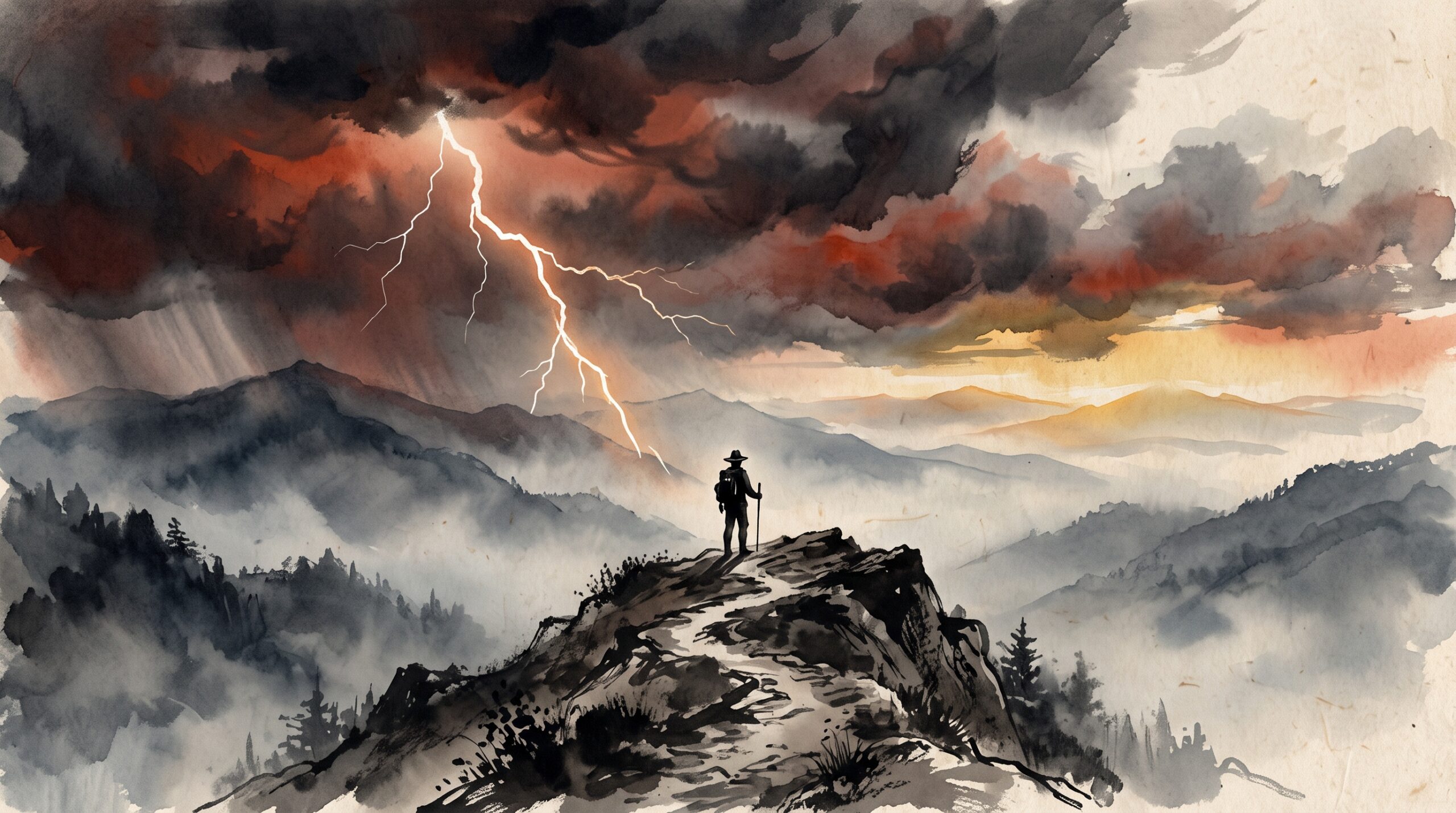A lone ranger silhouetted on a misty mountain ridge beneath a single fork of lightning, in minimalist ink-wash style