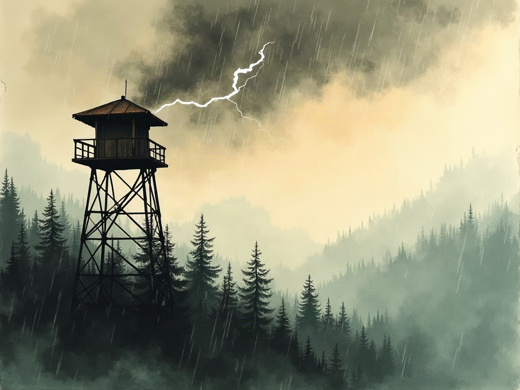 A wooden fire-lookout tower on a mountaintop as lightning strikes near it during a storm