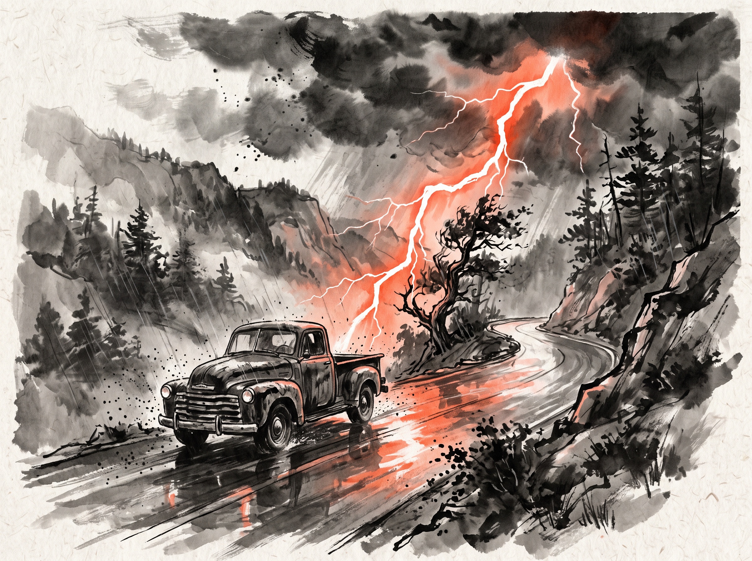 A pickup truck on a winding mountain road as lightning arcs down through the roadside trees