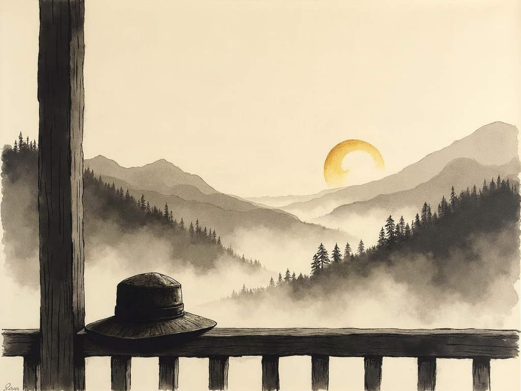 A ranger's hat and a tin water can on a porch rail with a storm gathering over distant ridges