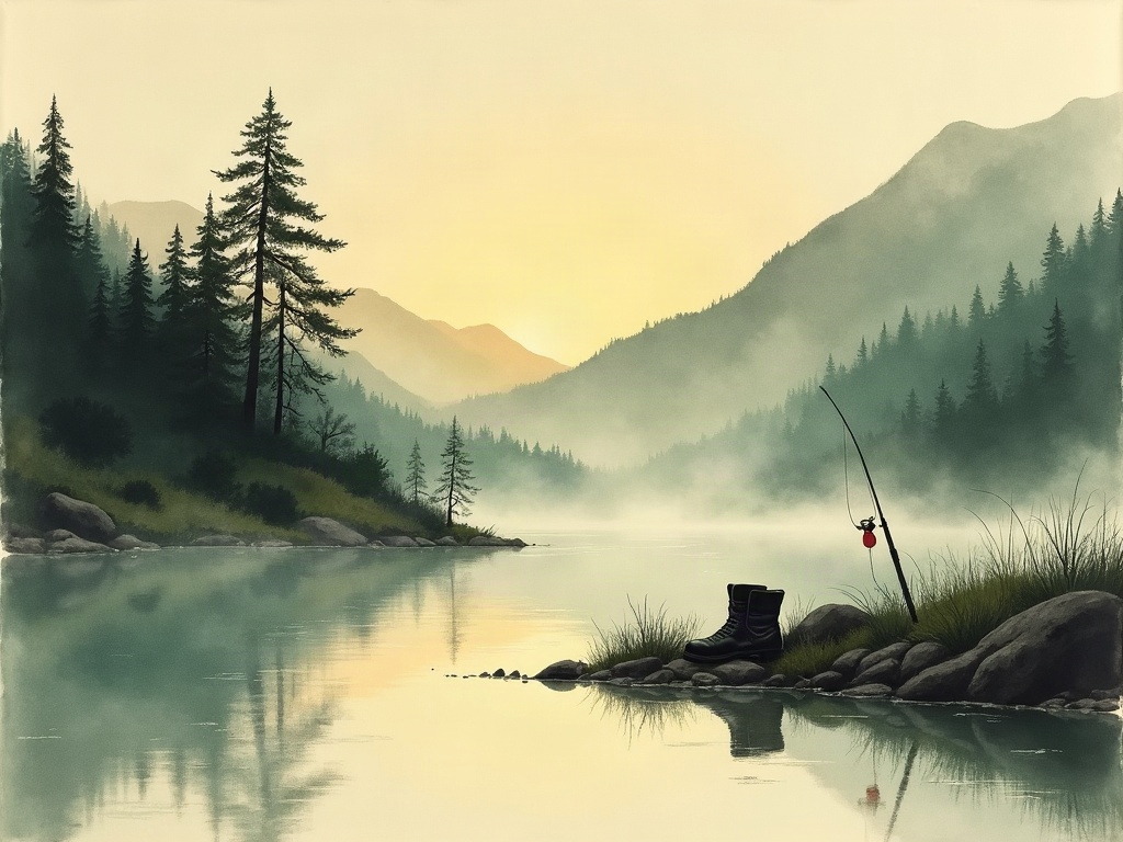 A calm mountain trout stream at dusk with an empty pair of boots and a leaning fishing rod on the bank