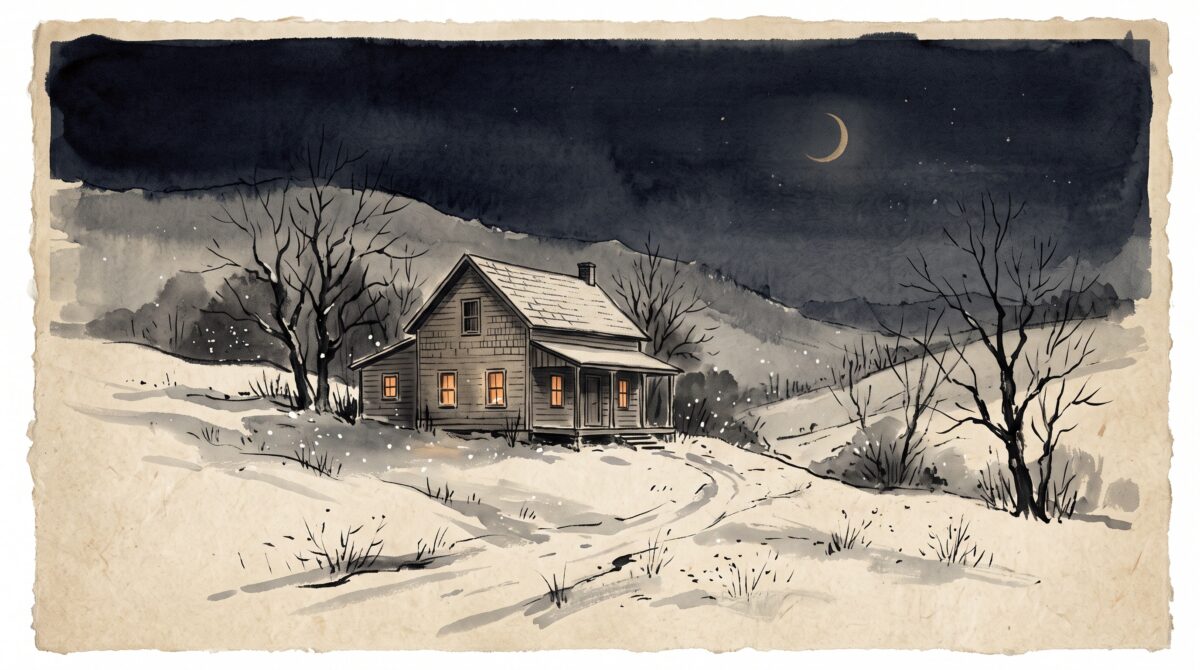 A modest two-storey wooden farmhouse on a winter hillside at night with a few glowing windows, in sumi-e ink wash