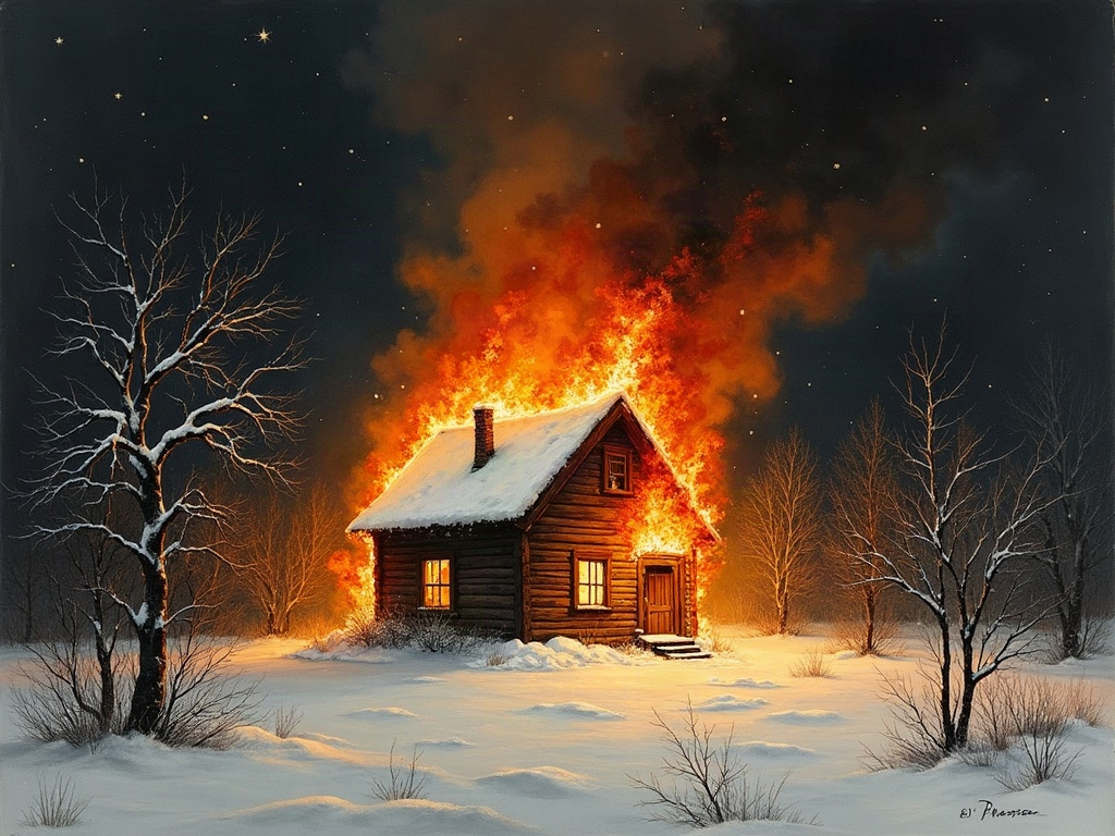 A wooden house fully engulfed in flames against a black winter night, sumi-e style