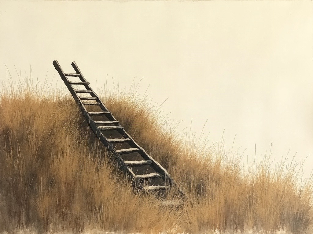 A wooden ladder lying discarded in the grass at the bottom of an embankment, sumi-e style