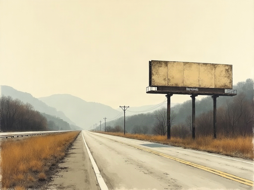 A large weathered roadside billboard with faded blank portrait panels beside an empty mountain highway, sumi-e style