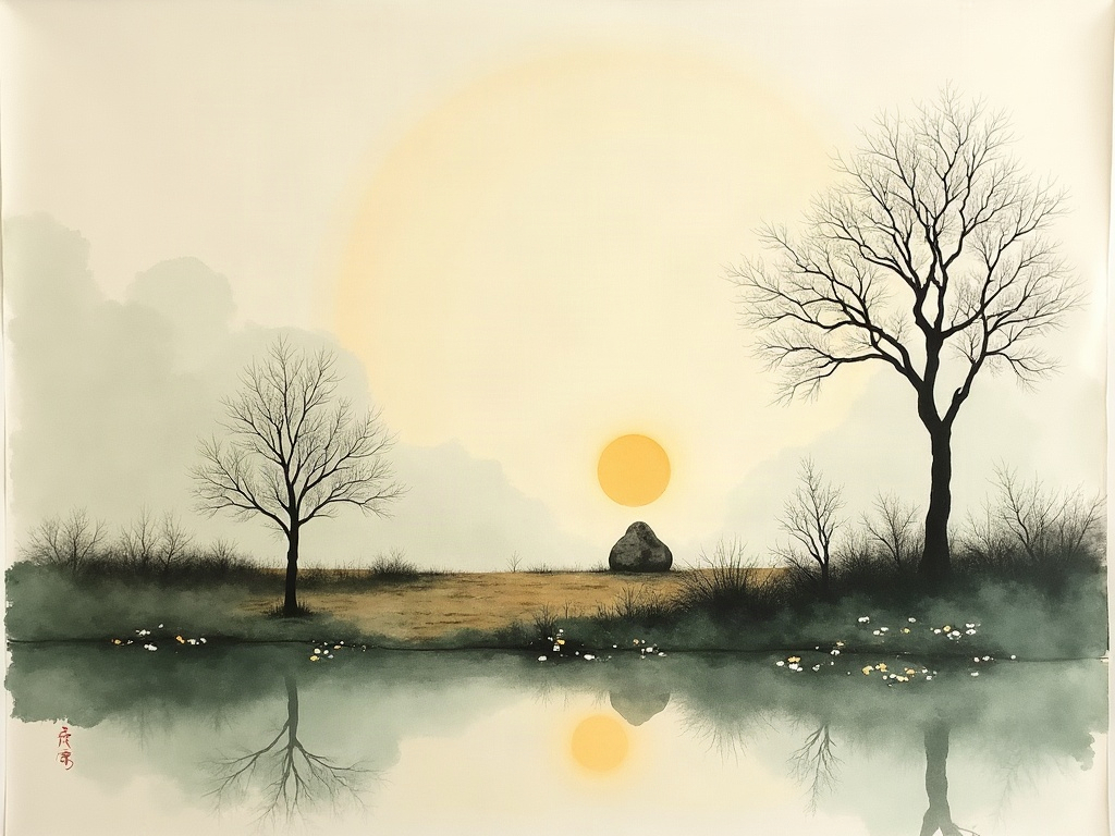 A quiet memorial garden with a few flowers on the flat site where a house once stood, at grey dawn, sumi-e style
