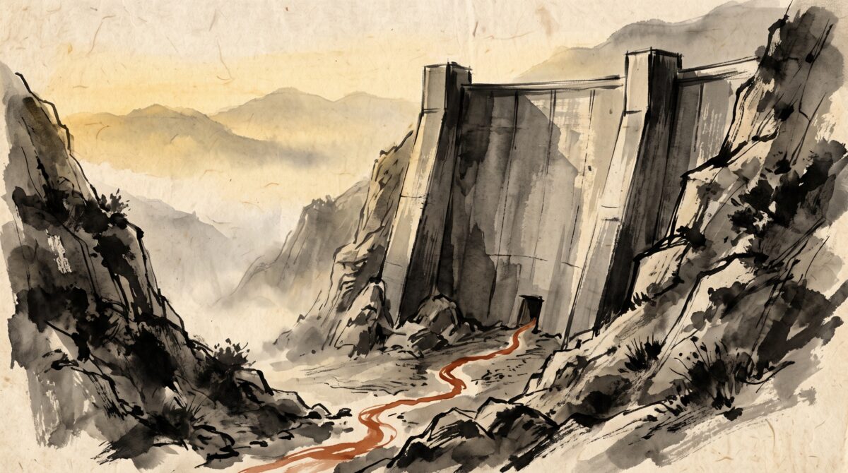 Sumi-e style painting of the St. Francis Dam at dawn with a muddy leak at its base