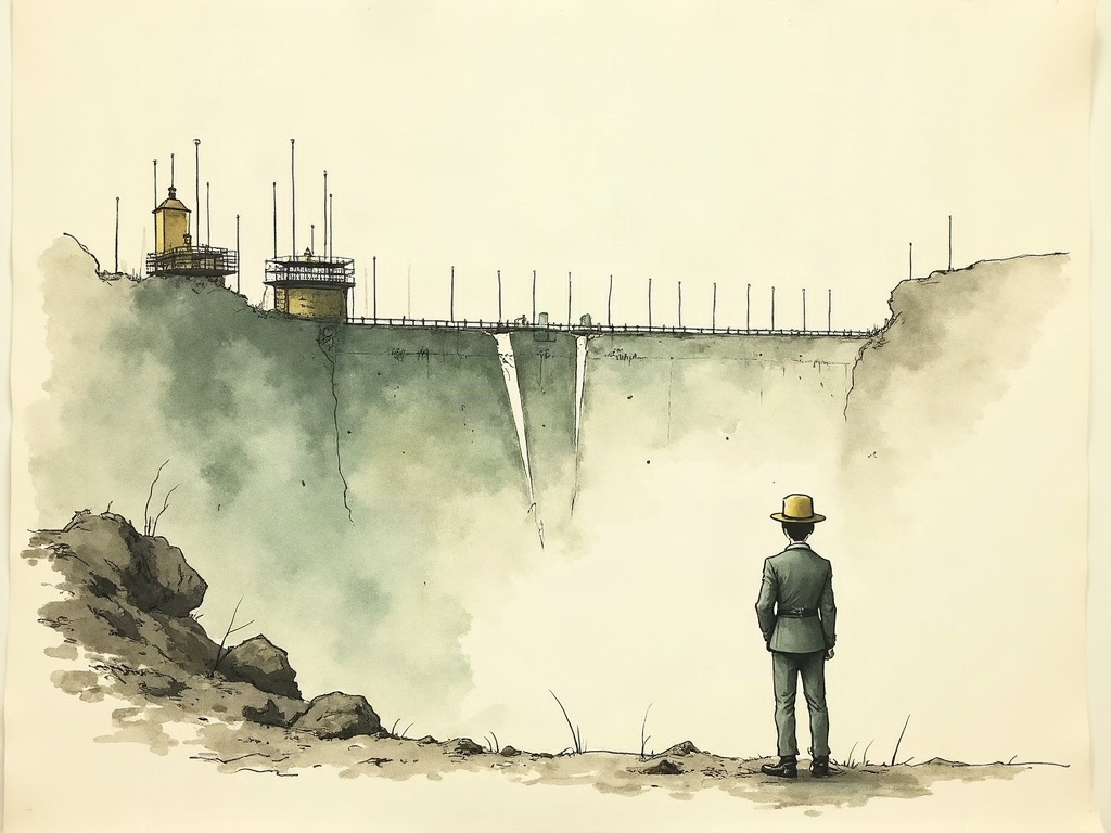 Ink-wash illustration of an engineer standing before the St. Francis Dam under construction