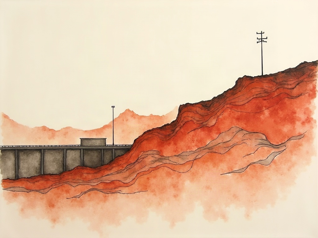 Sumi-e style depiction of the crumbling conglomerate rock of San Francisquito Canyon beside the dam