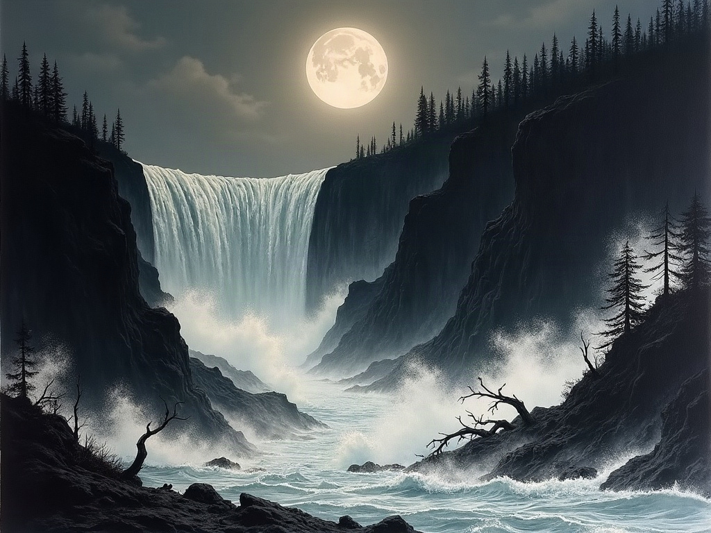 Ink painting of a towering nighttime flood wave surging down San Francisquito Canyon