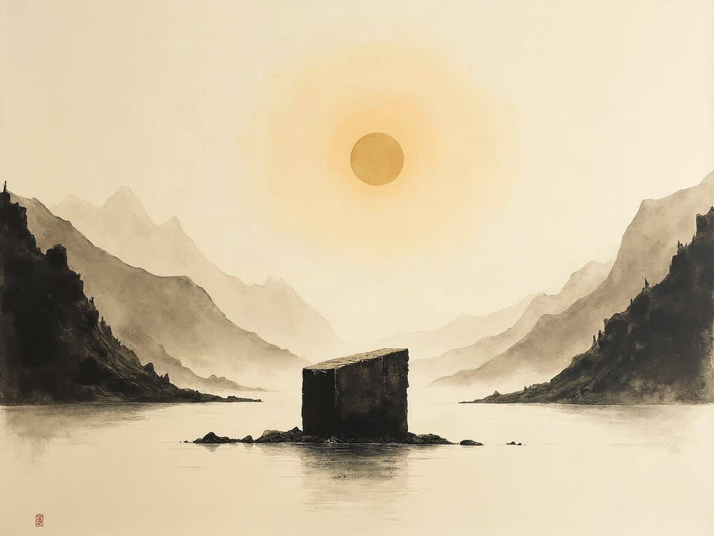 Sumi-e style painting of a lone surviving fragment of the St. Francis Dam standing in the ruined canyon