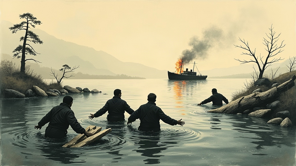 Sumi-e style illustration of survivors clinging to floating debris in the cold Mississippi as the burning Sultana glows in the distance