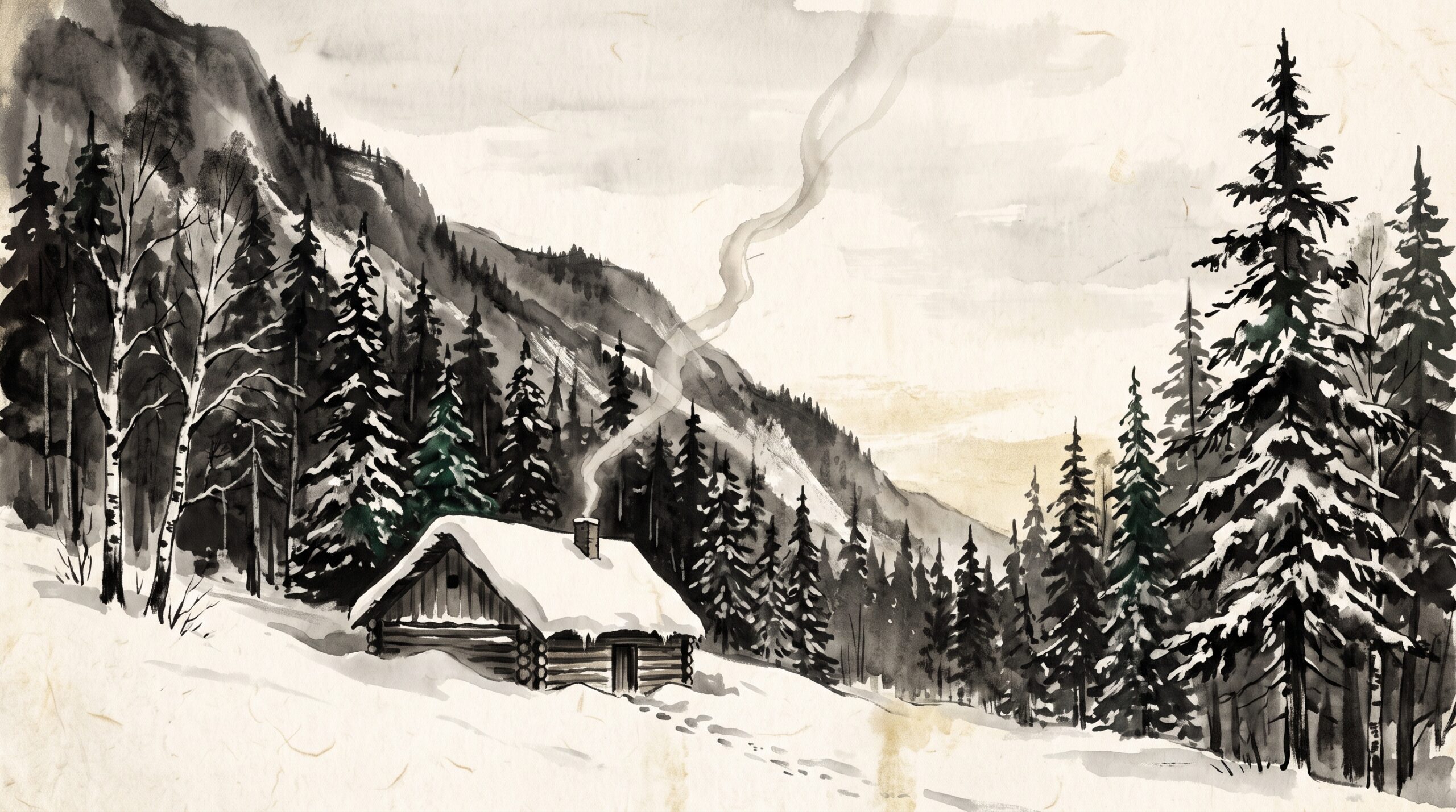 A lone log cabin buried in snow in the vast Siberian taiga