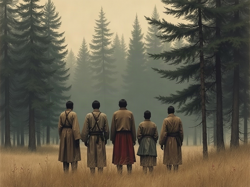 An Old Believer family at the edge of a dark forest in the 1930s