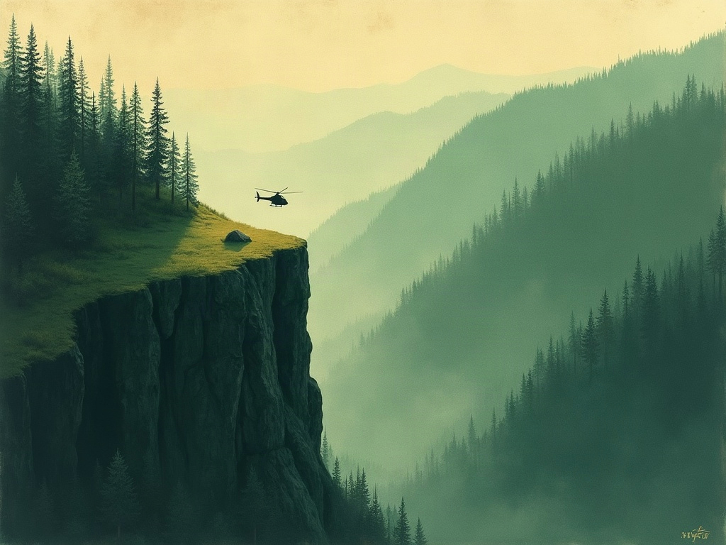 An isolated mountainside garden clearing seen from the air over the taiga