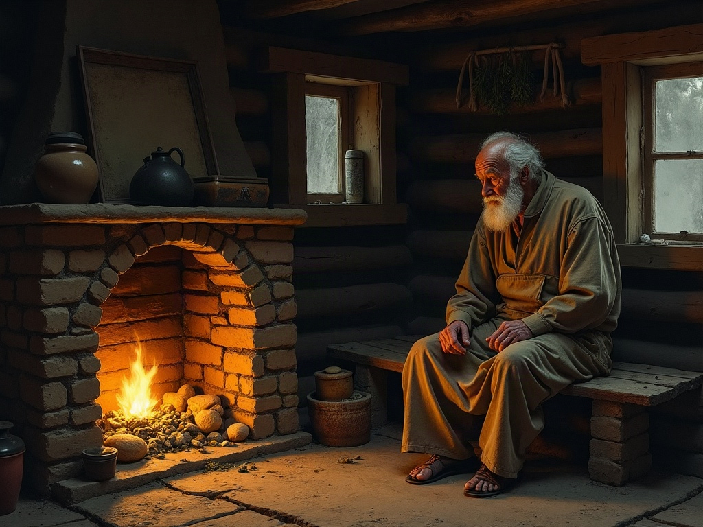 An elderly bearded man beside a hearth in a dim log dwelling
