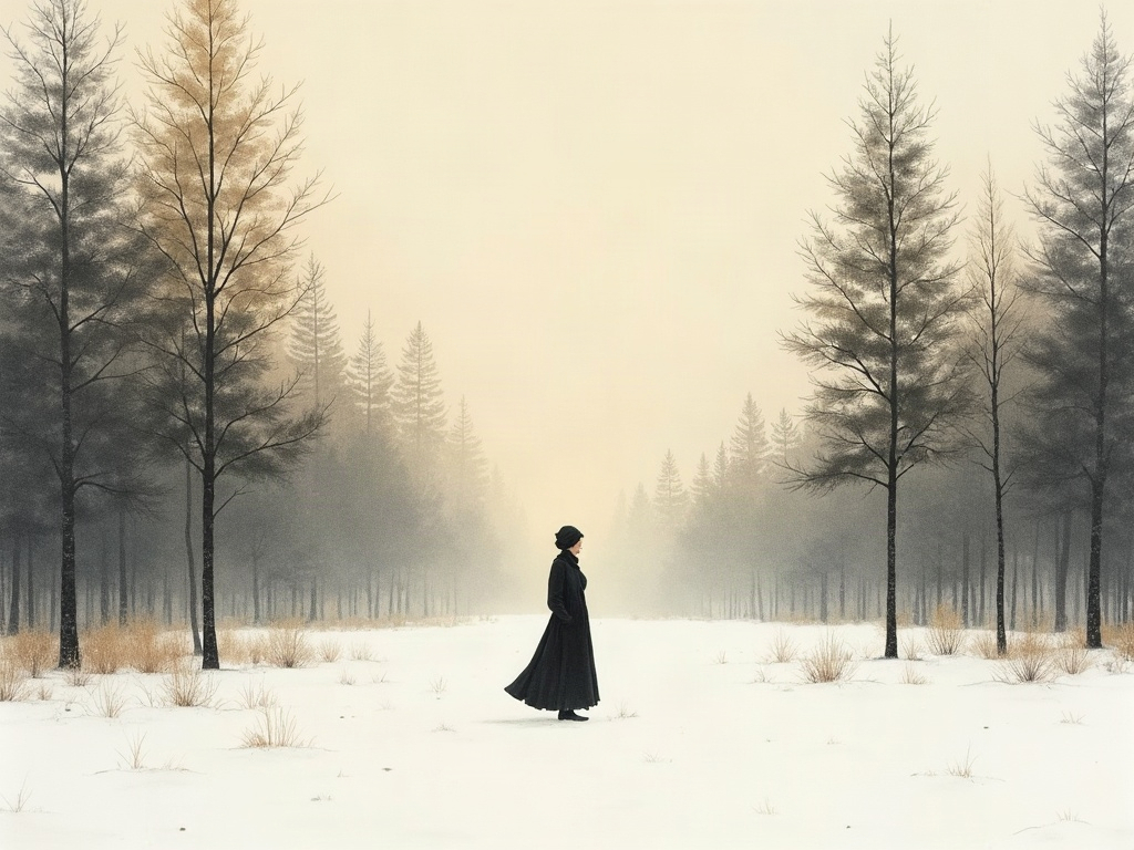 A lone woman standing in a snowy clearing at dawn in the taiga