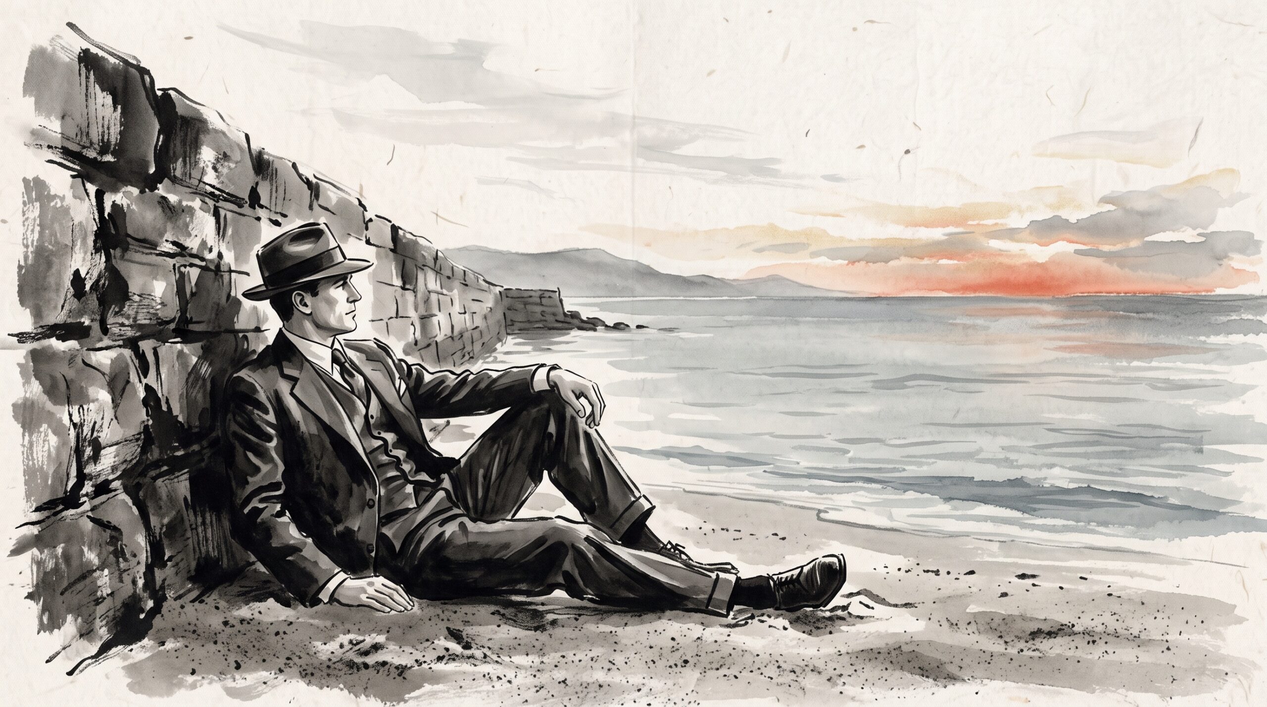 A well-dressed man's body propped against a seawall on a deserted beach at dawn, rendered in minimalist ink-wash style